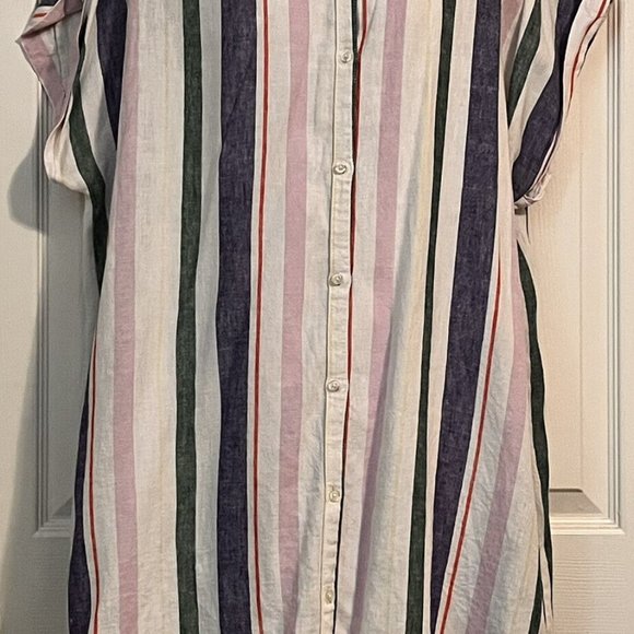 Linen Blend Stripe Collared Full Button Front Shirt Dress Slip Lining XXL - Picture 2 of 10